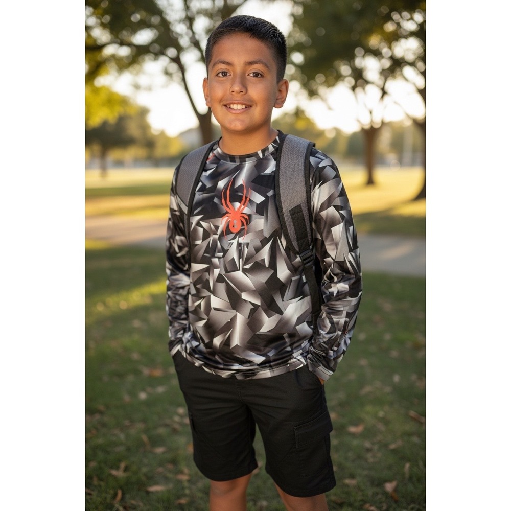 Spyder Boys Large L Geometric Print Long Sleeve Performance Shirt Gray Red Logo